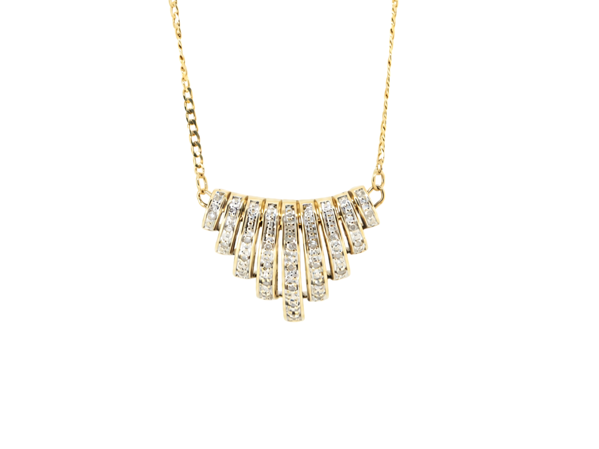 9ct 9ct gold diamond fan pendant necklace, graduated bar design