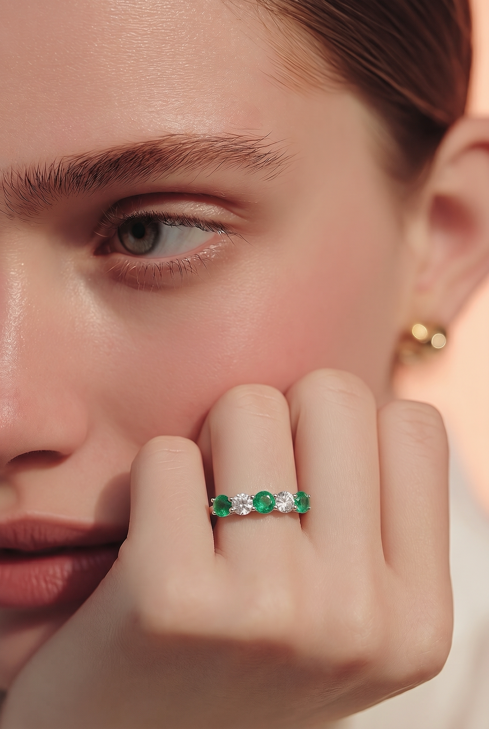 Lovely 18ct gold emerald and diamond five stone ring.