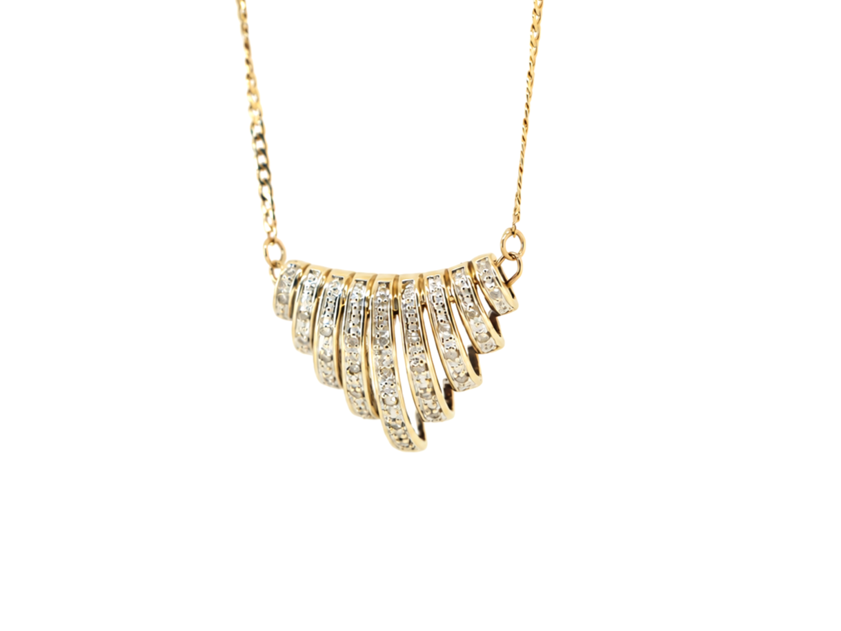 9ct gold diamond fan pendant necklace, graduated bar design