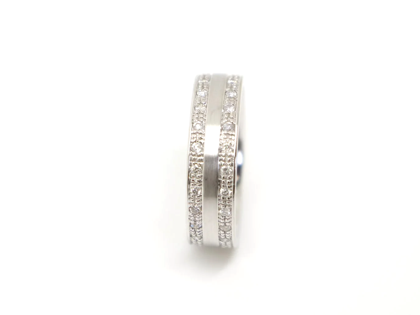 Unusual 18ct gold band design ring, in an unusual matte 18ct gold and set with half a carat of diamonds in two rows.