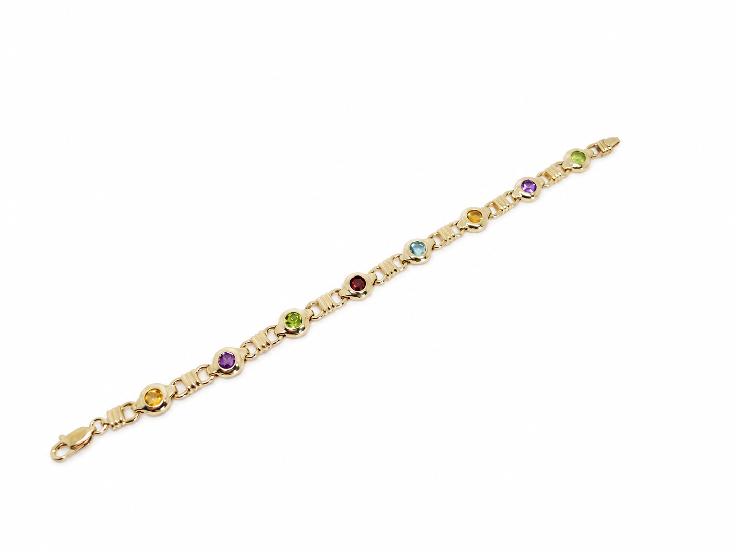 9ct gold bracelet with bezel-set amethyst, citrine, peridot, topaz and garnet gemstones
