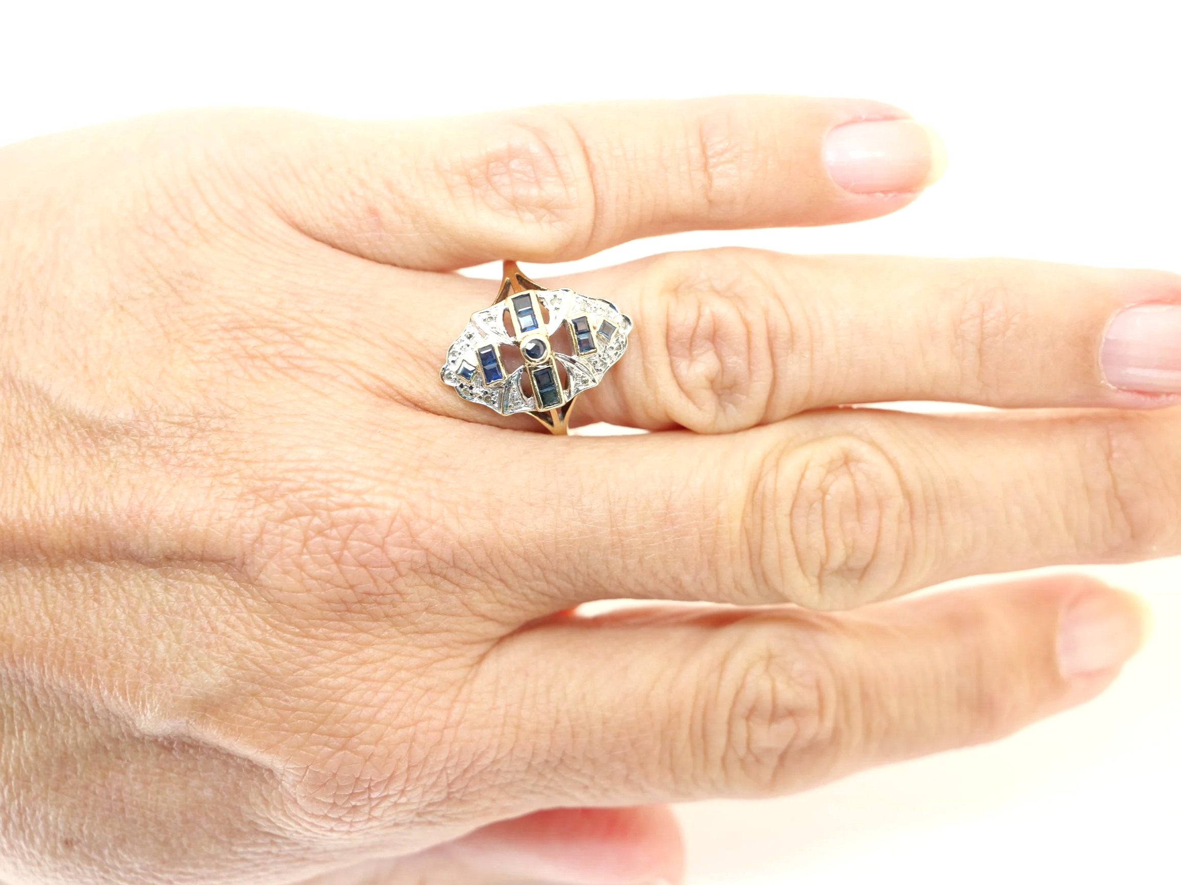 9ct gold sapphire and diamond Art Deco style navette ring