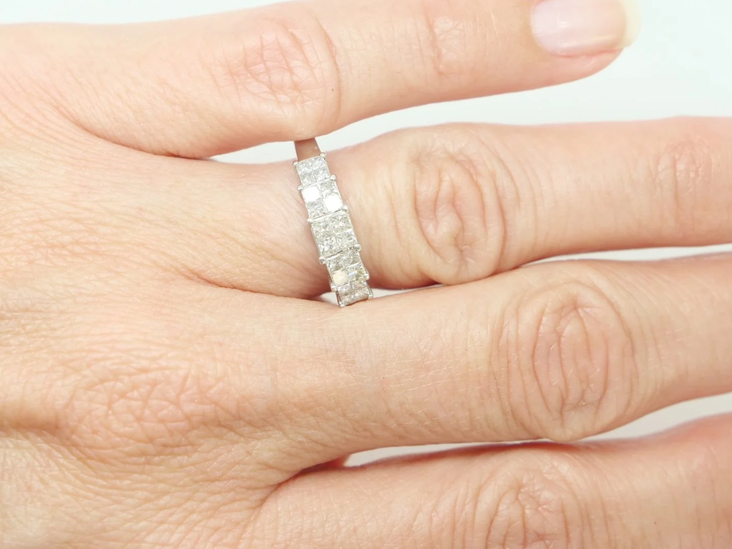 platinum double row princess cut diamond cluster ring