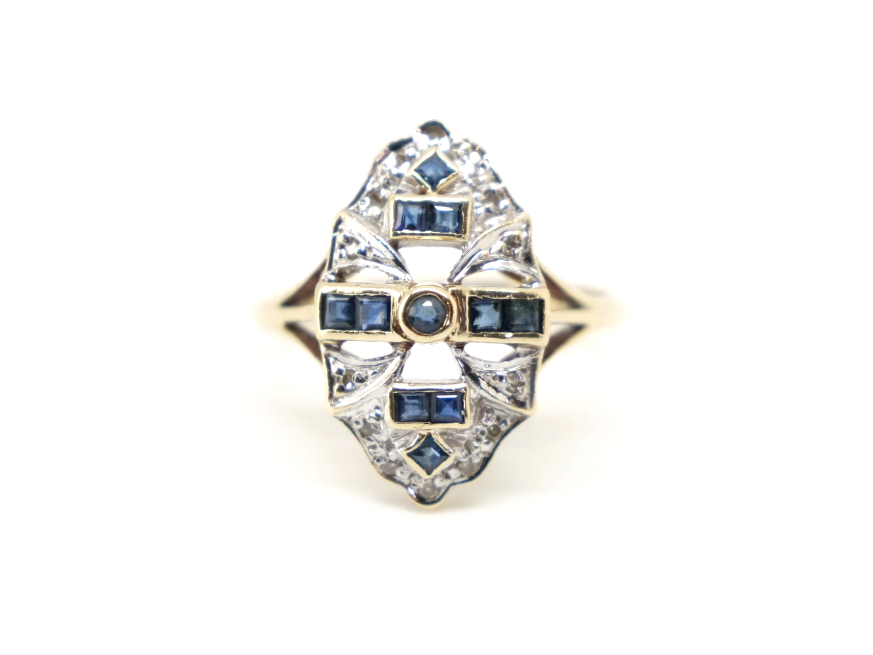 9ct gold sapphire and diamond Art Deco style navette ring