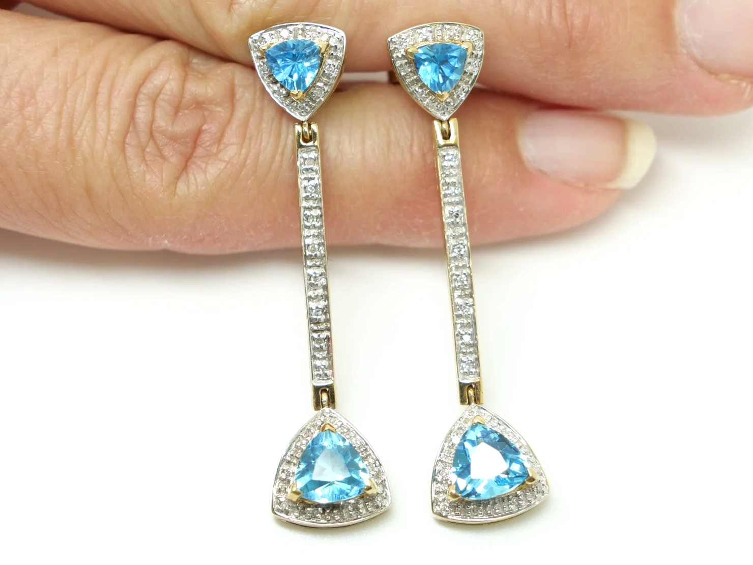 9ct gold blue topaz and diamond drop earrings