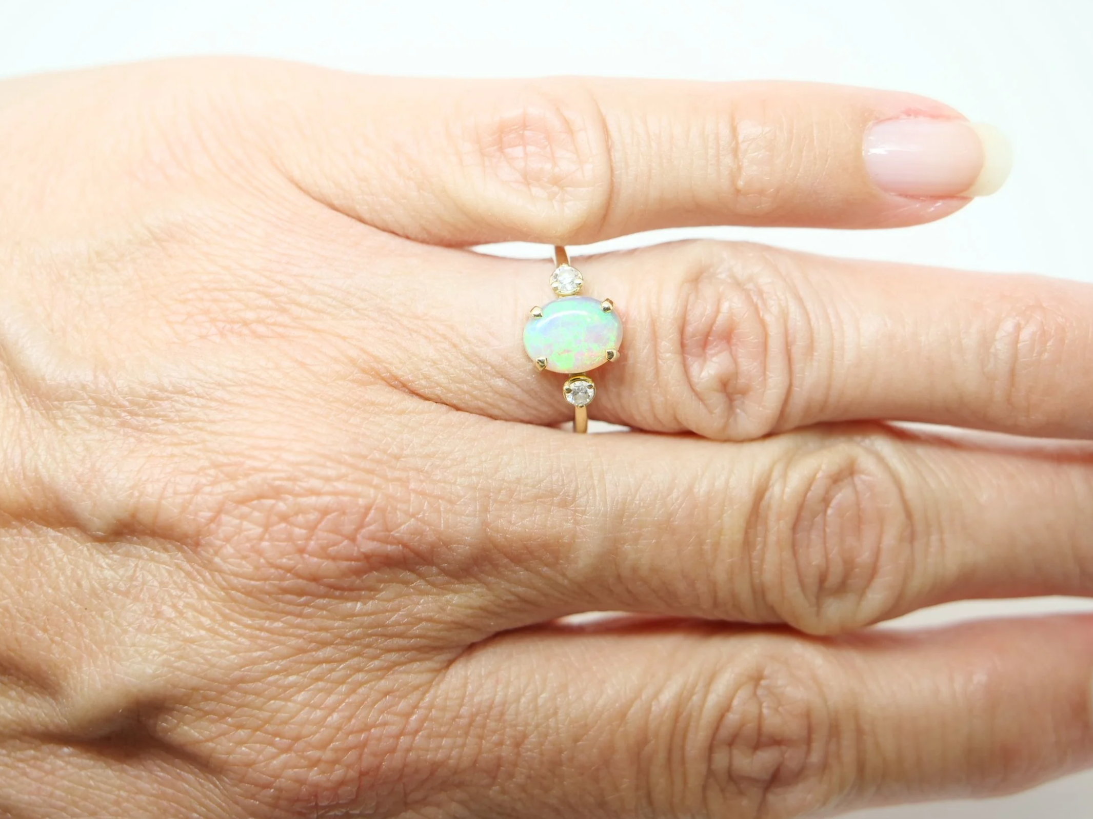 14ct yellow gold opal and diamond trilogy ring