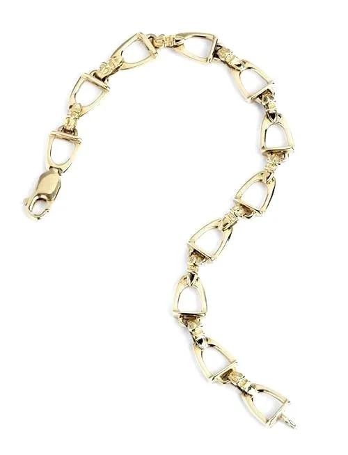 9ct gold bracelet designed as a series of linked stirrups, a classic equestrian motif and the signature style of designer Rosemary Hetherington.