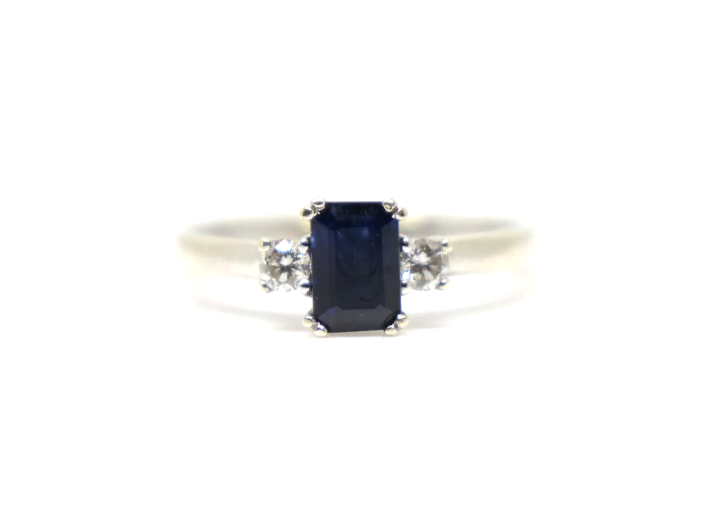 9ct Gold Emerald Cut Sapphire & Diamond Trilogy Ring