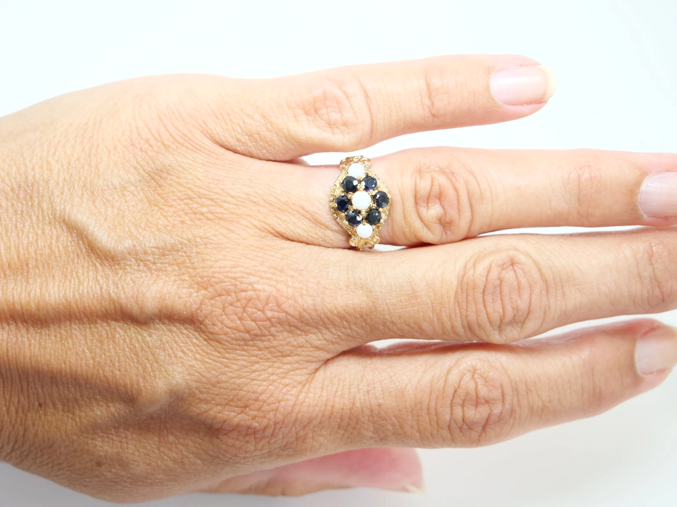 vintage opal and sapphire cluster ring in 9ct yellow gold