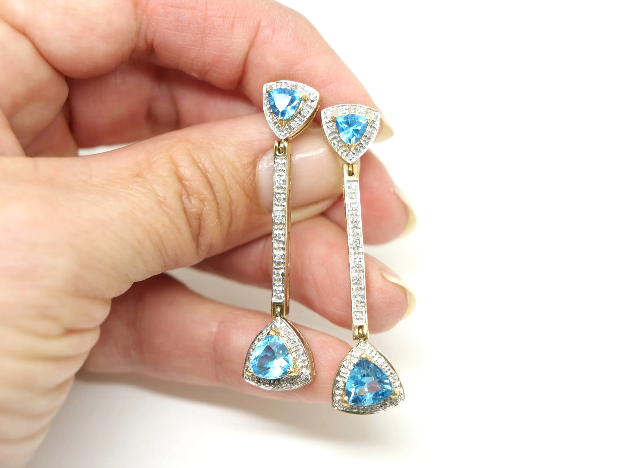 9ct gold blue topaz and diamond drop earrings