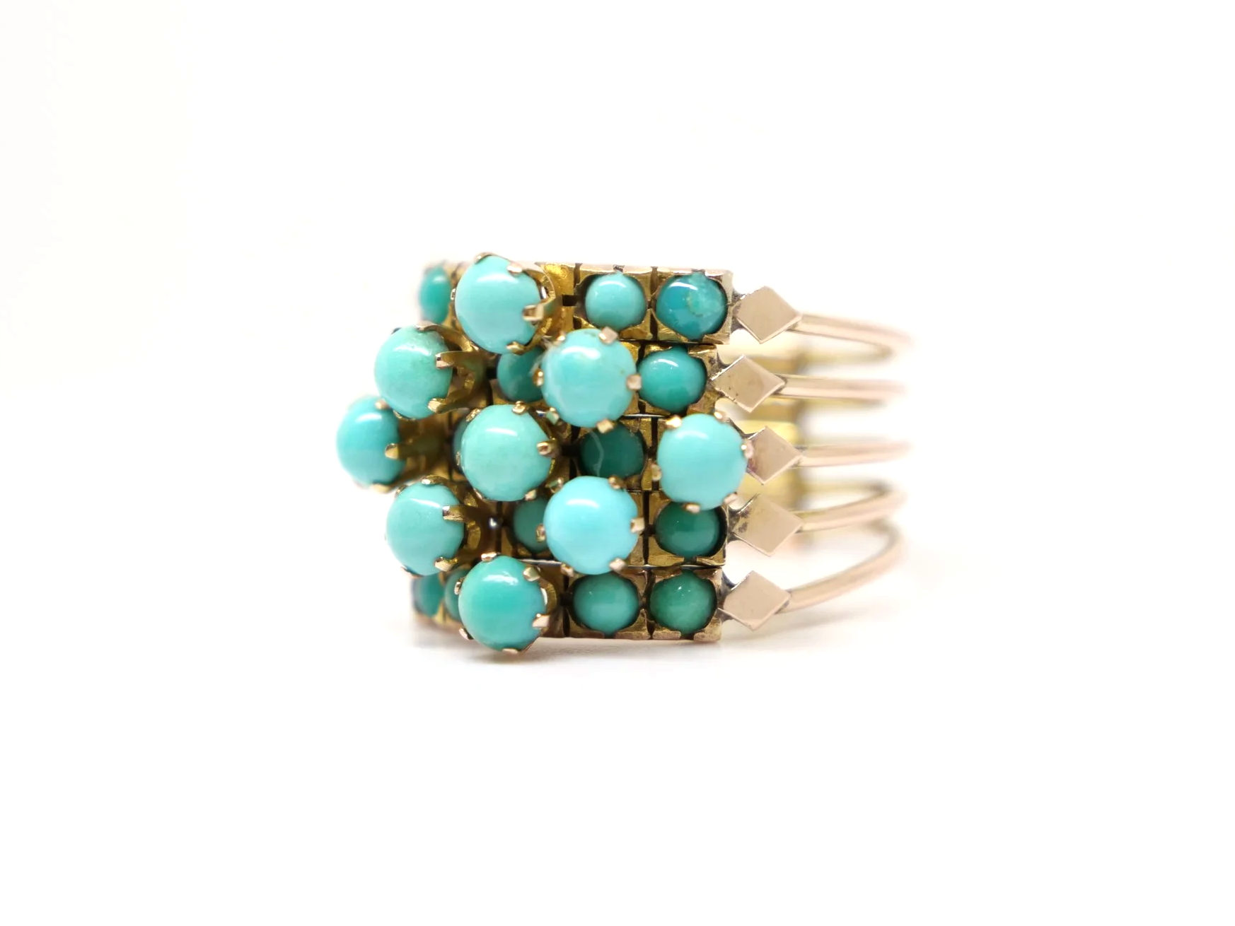 vintage 14ct gold harem ring set with a grid of round turquoise cabochons