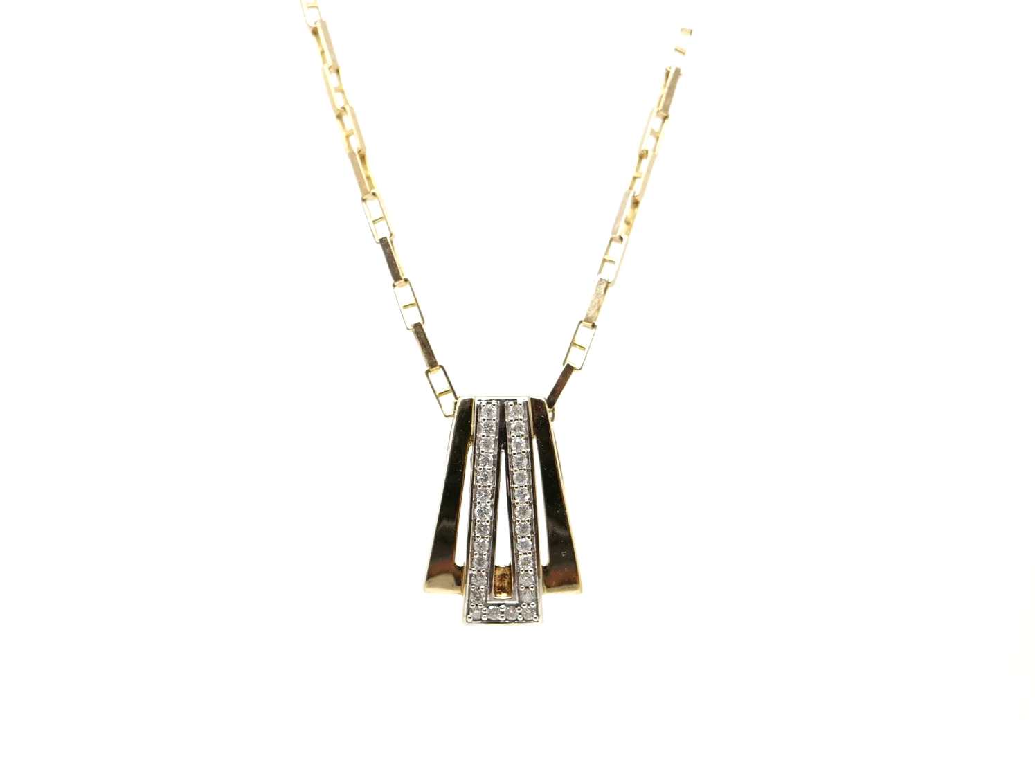 9ct gold diamond pendant necklace with a geometric Art Deco-style design, set with approximately 0.28ct of diamonds.
