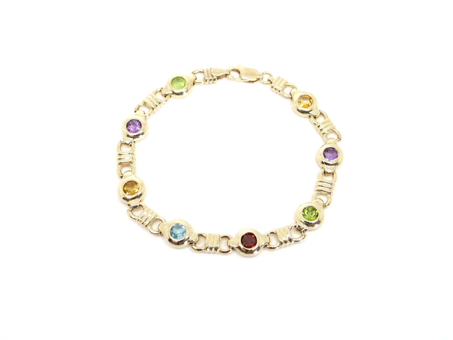 9ct gold bracelet with bezel-set amethyst, citrine, peridot, topaz and garnet gemstones
