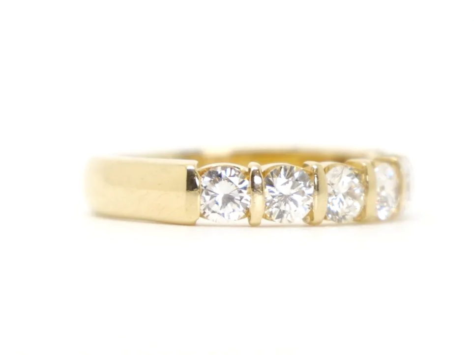 Super vintage 18ct gold diamond ring, set with six beautiful brilliant cut diamonds in this half eternity style. Approximately 1.5ct diamonds total.