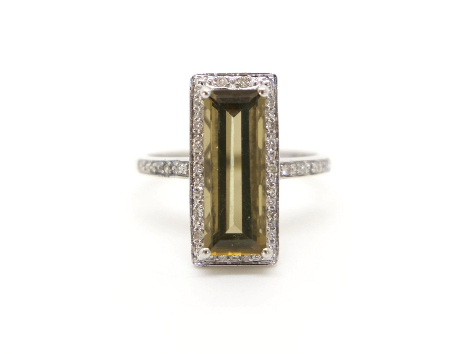 Unusual vintage style 9ct gold cocktail ring, set with a wonderful lemon citrine and surrounded by diamonds. Further diamonds set to each shoulder.