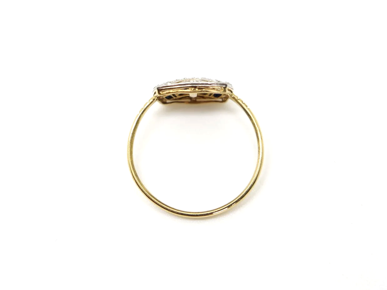 Very unusual 18ct gold sapphire and diamond ring, designed in Art Deco style and set with step cut sapphires and rose cut diamonds.