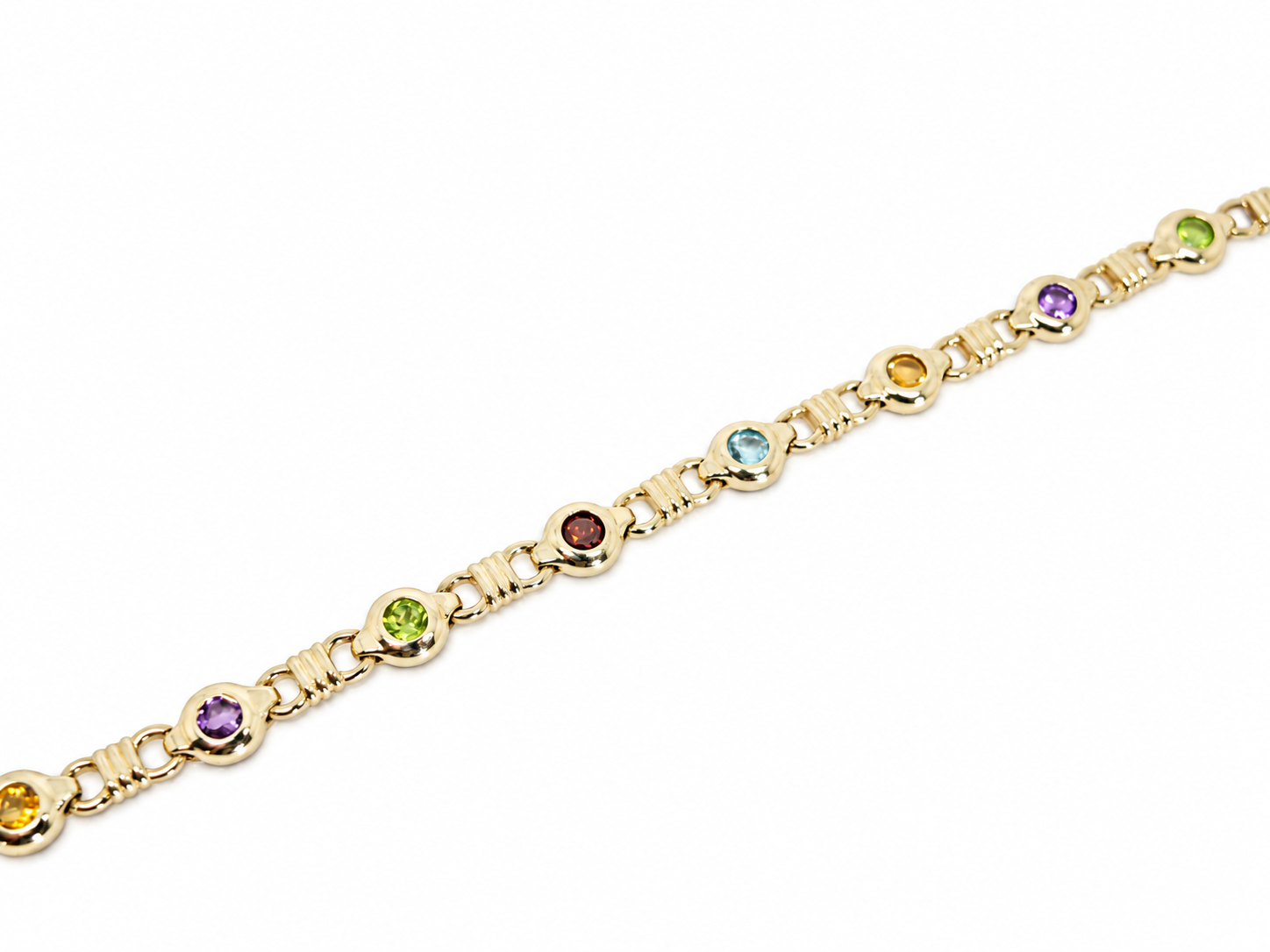 9ct gold bracelet with bezel-set amethyst, citrine, peridot, topaz and garnet gemstones