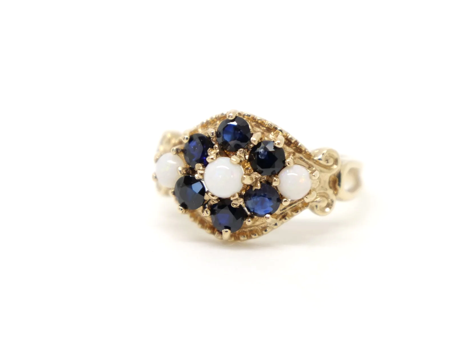 vintage opal and sapphire cluster ring in 9ct yellow gold