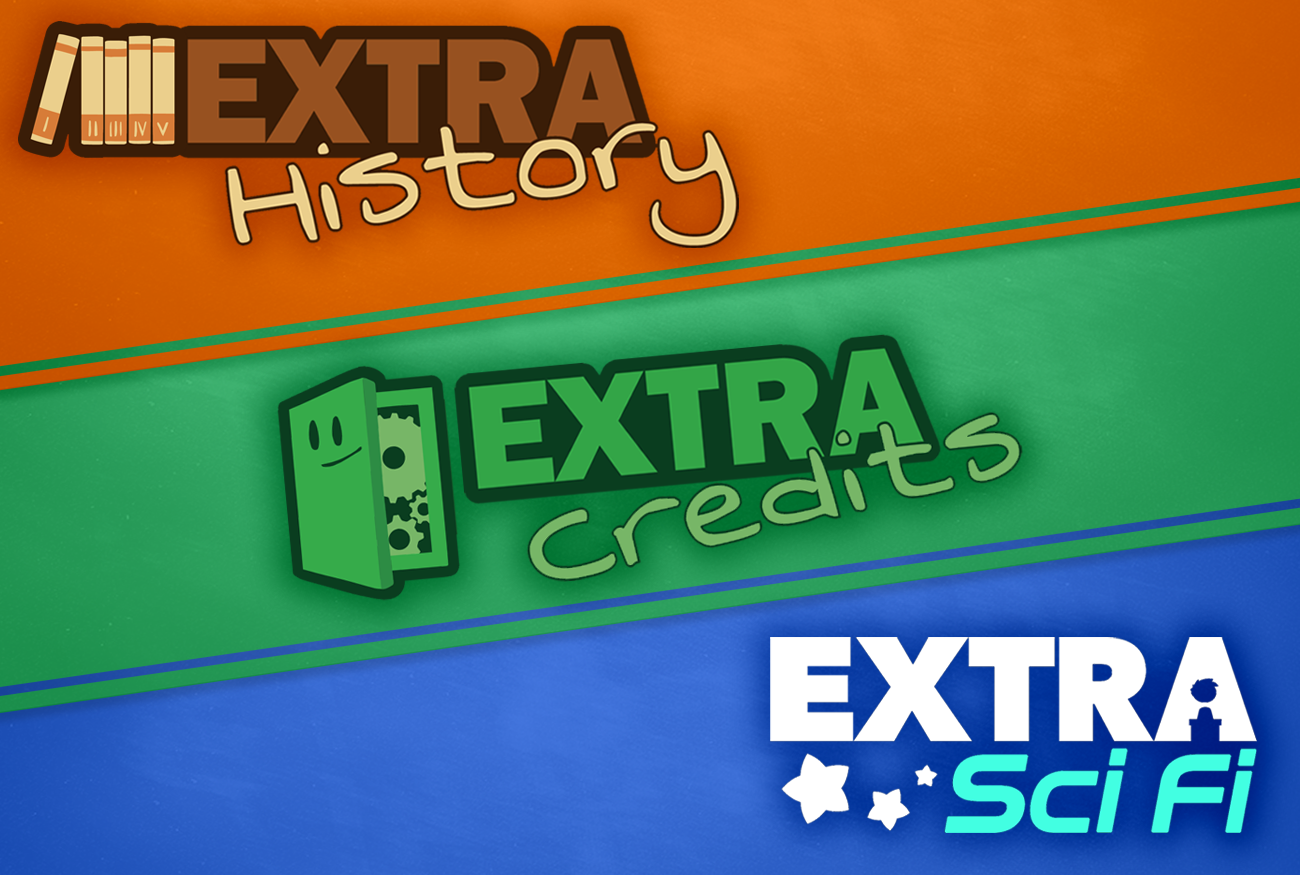 From top to bottom: the Extra History logo, the Extra Credits logo, and the Extra Sci Fi logo.
