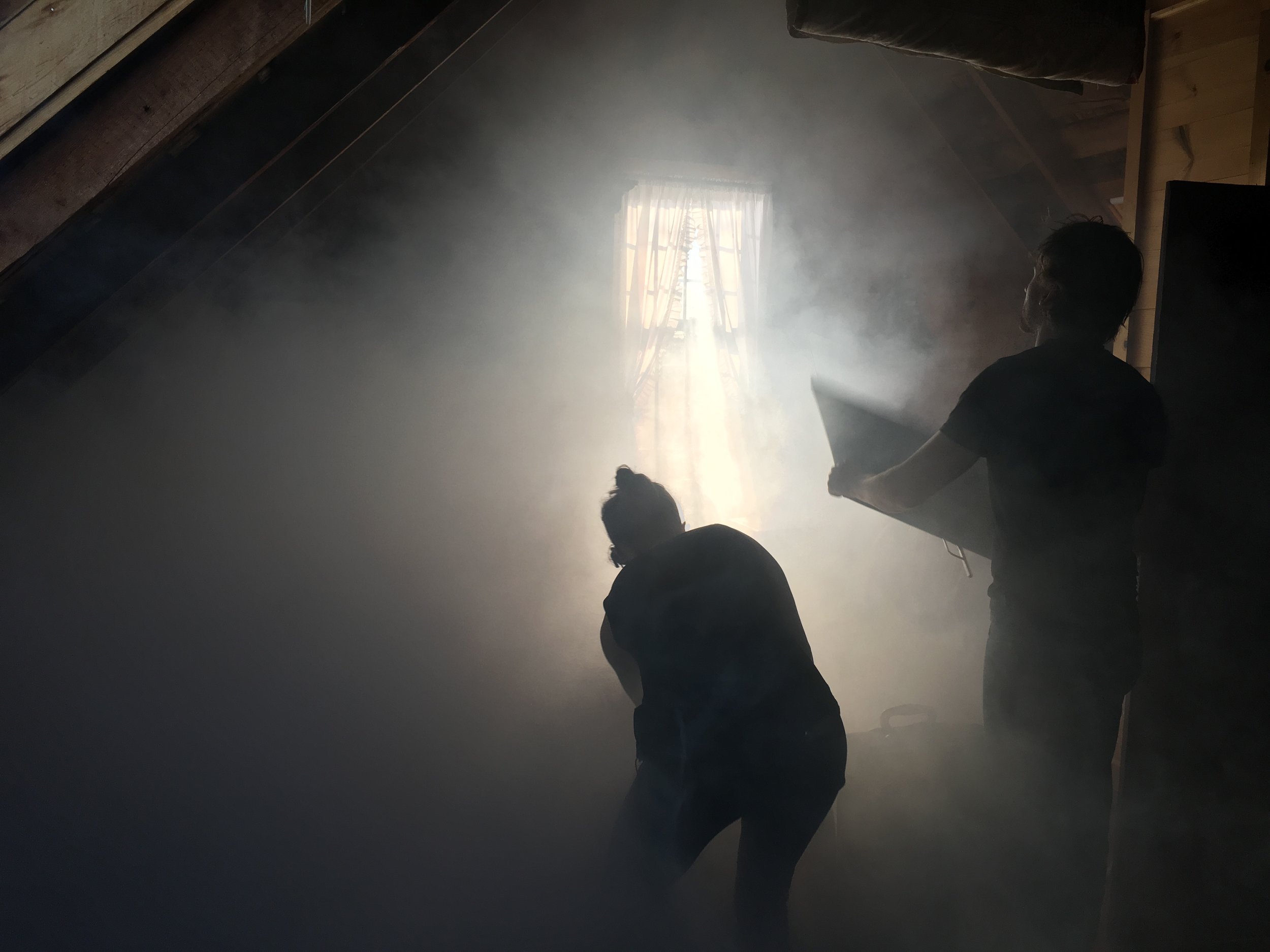 Production designer Ariel Hall and DP Mark Farney spread out the fog at Swan House in Camden