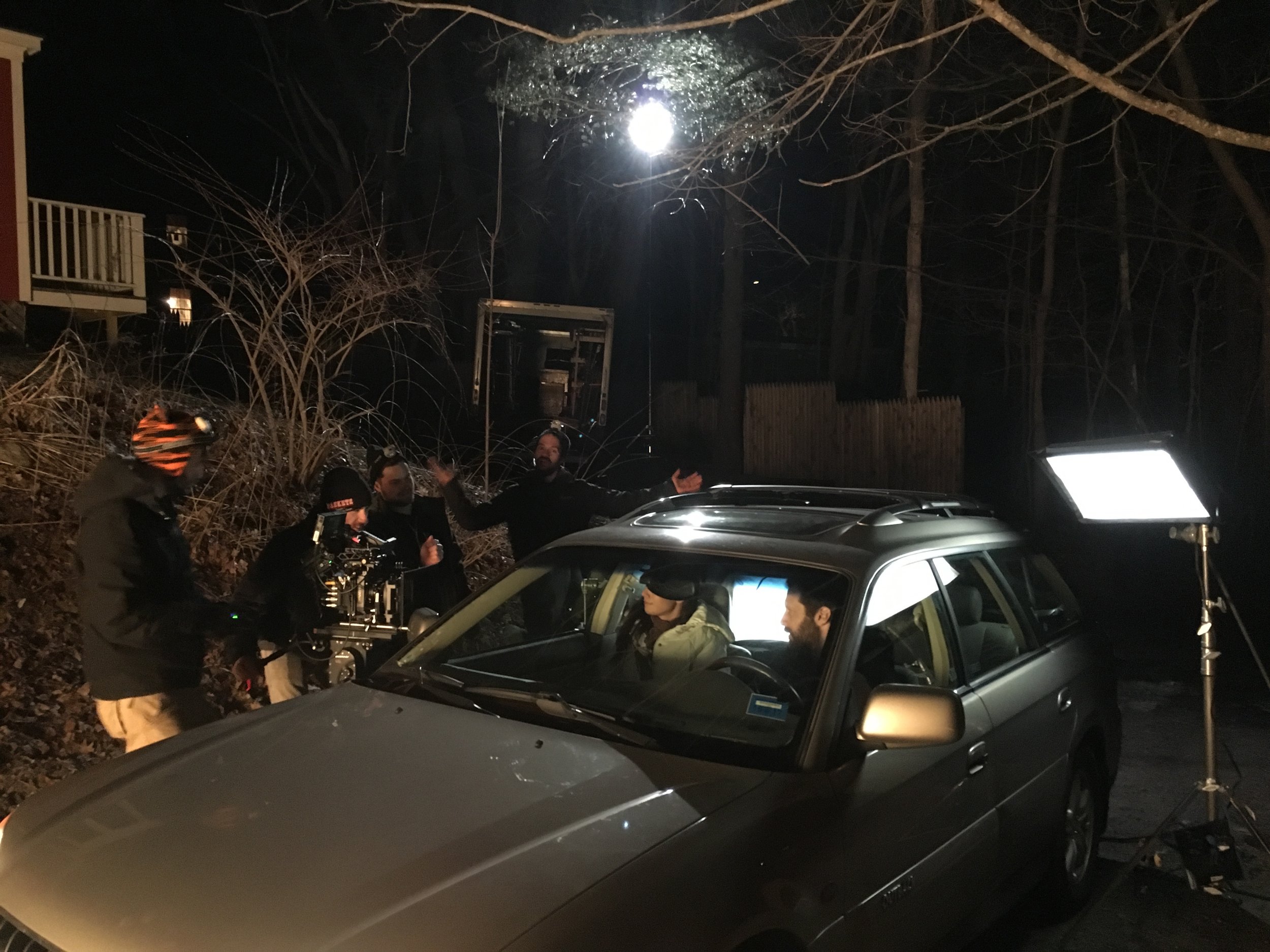 Shooting a car scene with actors Adam Wade Mclaughlin and Teri Reeves