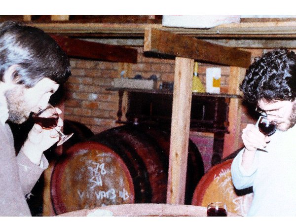 Brian Holmes and yours curly "nosing" a new wine in front of a couple of Glenfinlass puncheons.