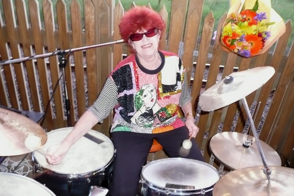 Irene playing drums with her band The Jam Tarts. She insists she's the jam
