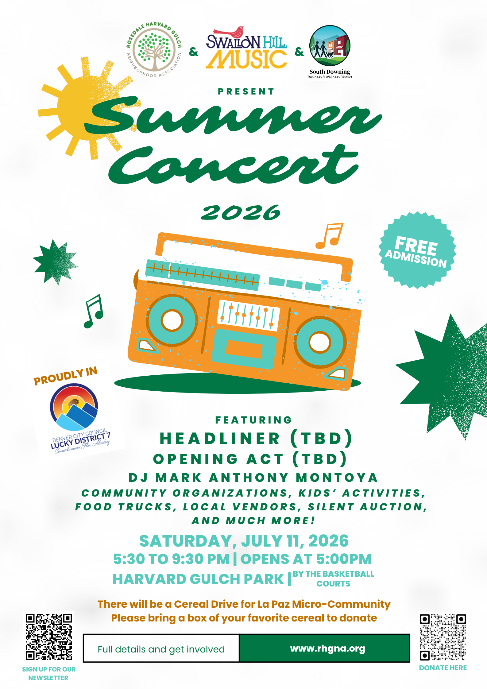 Harvard Gulch Summer Concert 2026! In partnership with Swallow Hill Music and South Downing Business and Wellness District