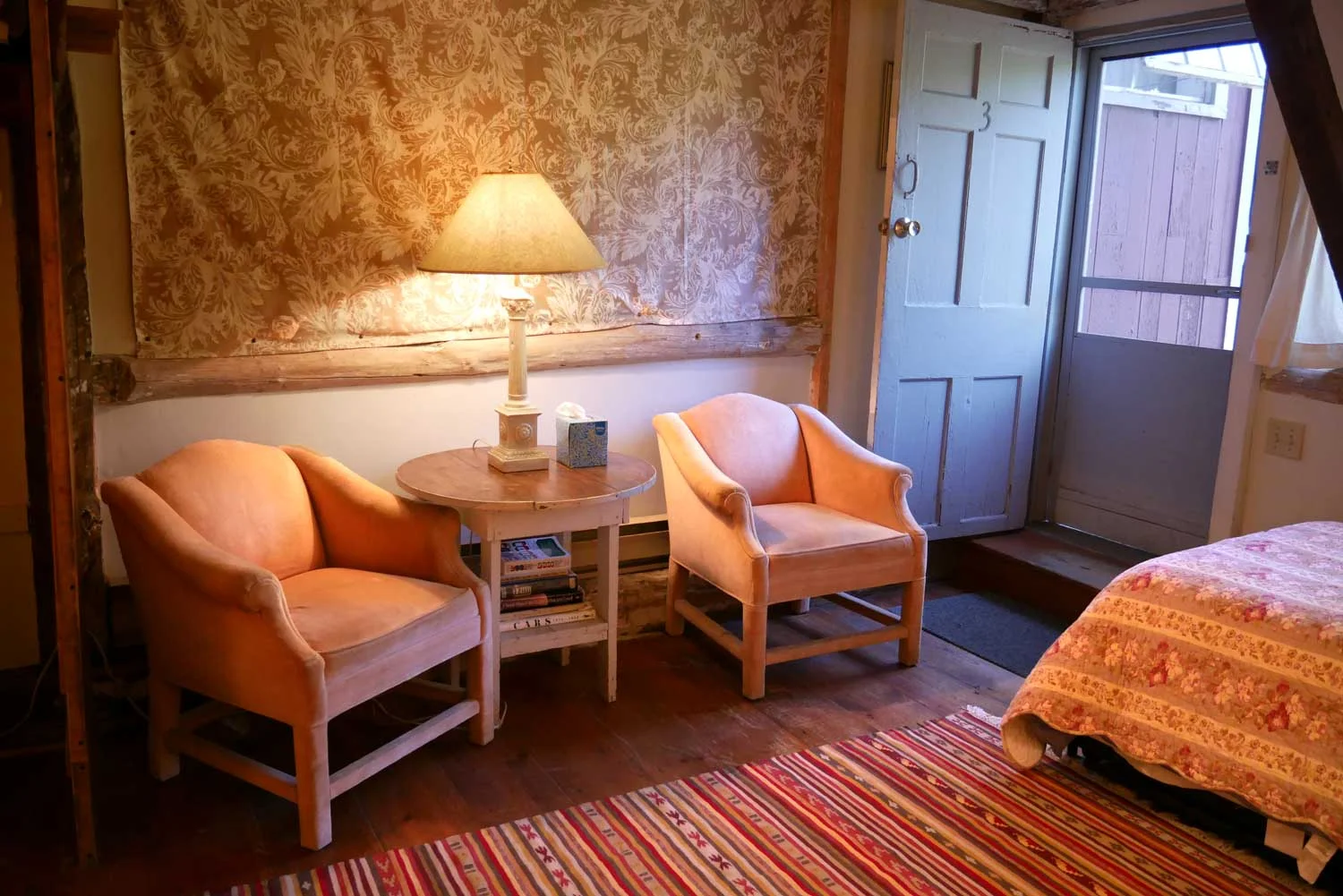 LOCATION: Main Lodge, Ground Level DETAILS: Heavy beam ceiling, cool and spacious. Queen and twin (with trundle), bathroom with tub and shower, private entry, sleeps 4. Dog-friendly. 20’x12’