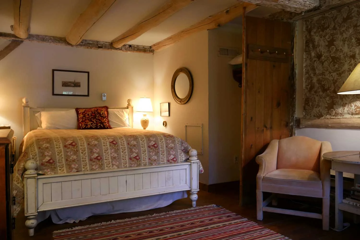 LOCATION: Main Lodge, Ground Level DETAILS: Heavy beam ceiling, cool and spacious. Queen and twin (with trundle), bathroom with tub and shower, private entry, sleeps 4. Dog-friendly. 20’x12’