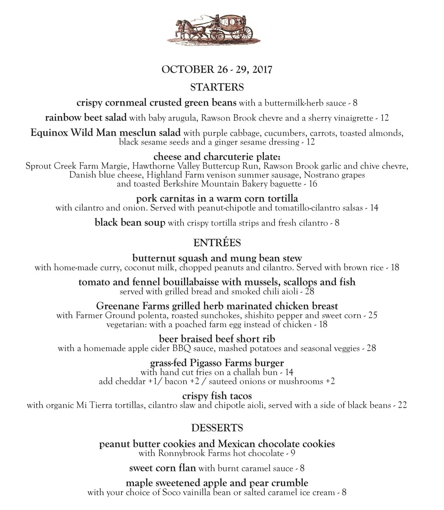 This week's menu at the Stagecoach Tavern