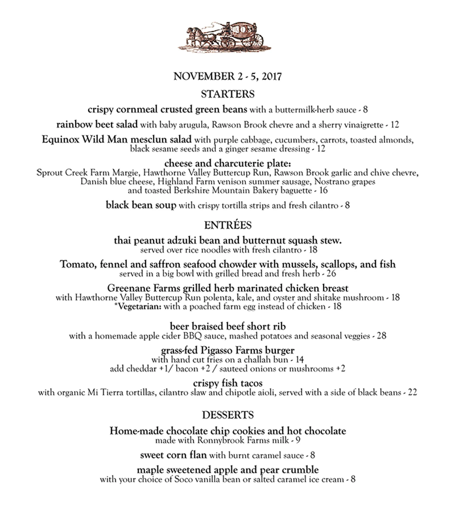 This week's menu at the Stagecoach Tavern