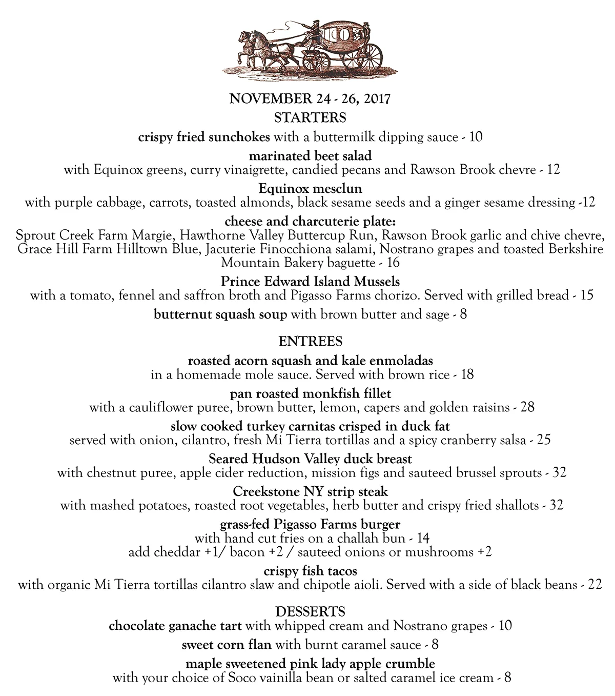 This week's menu at the Stagecoach Tavern