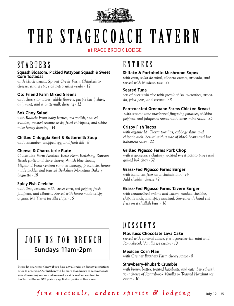 This week's menu at the Stagecoach Tavern