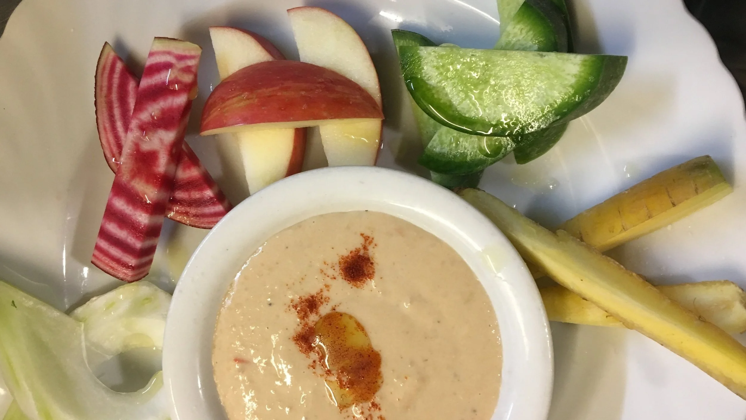 Fresh Crudité with giant bean hummus.