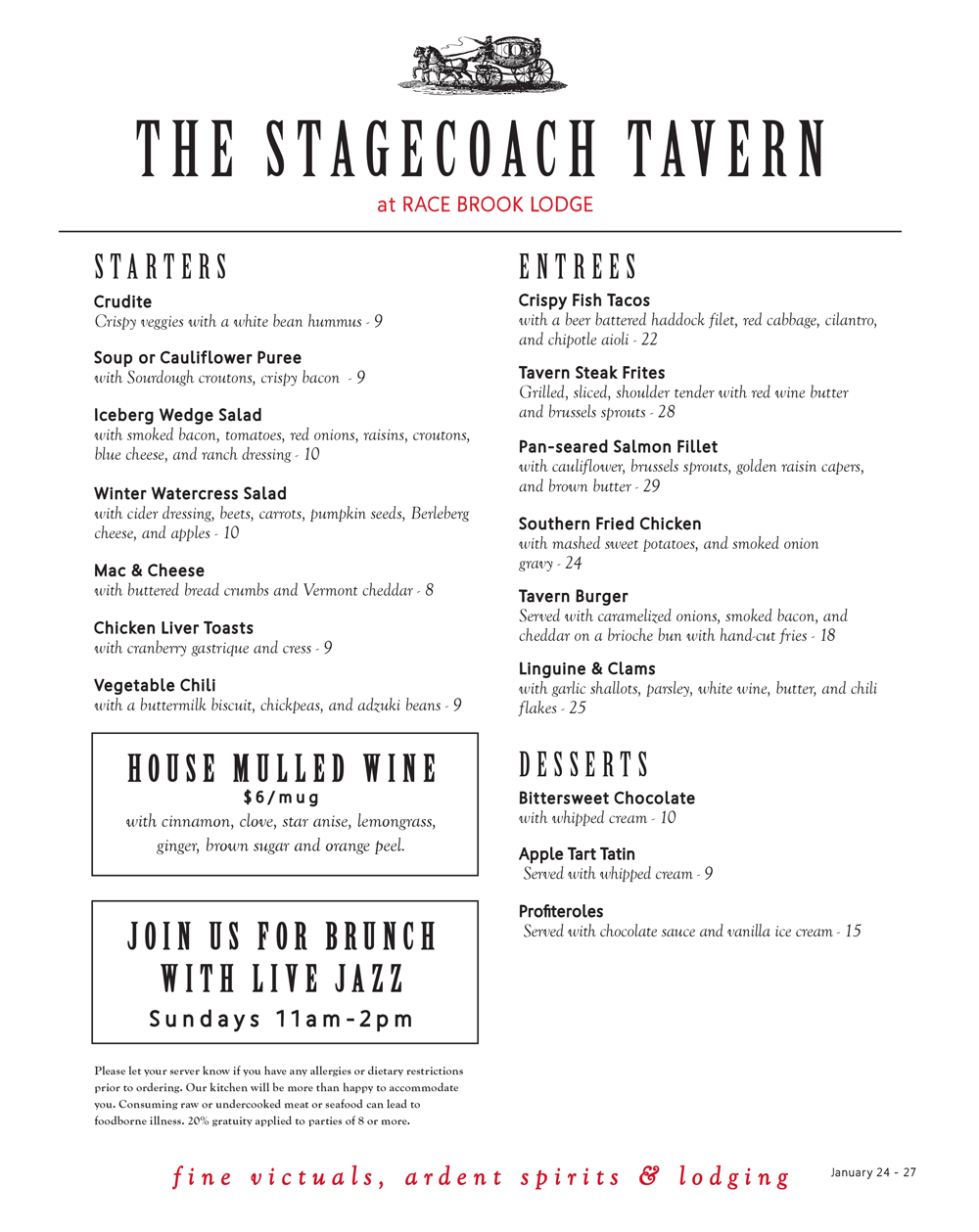 This week's menu at the Stagecoach Tavern