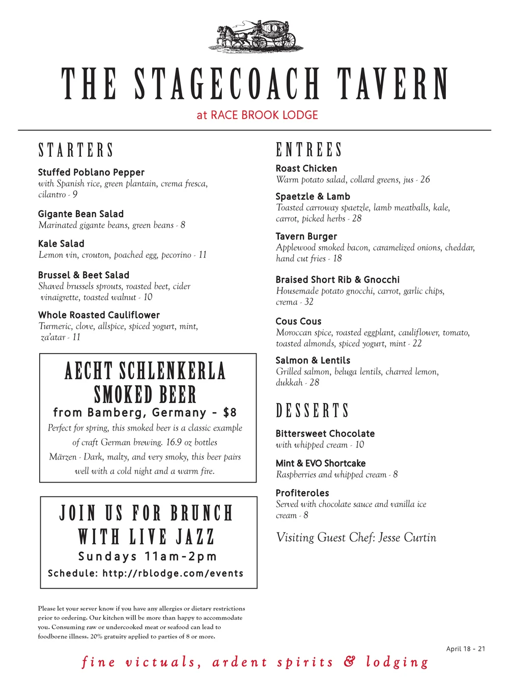 This week's menu at the Stagecoach Tavern