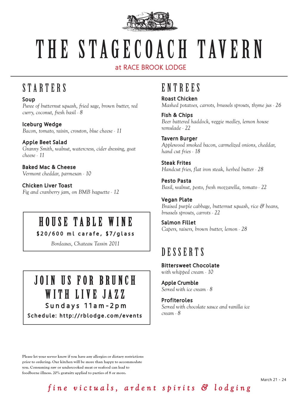 This week's menu at the Stagecoach Tavern