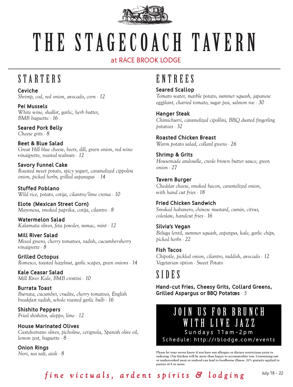 This week's menu at the Stagecoach Tavern