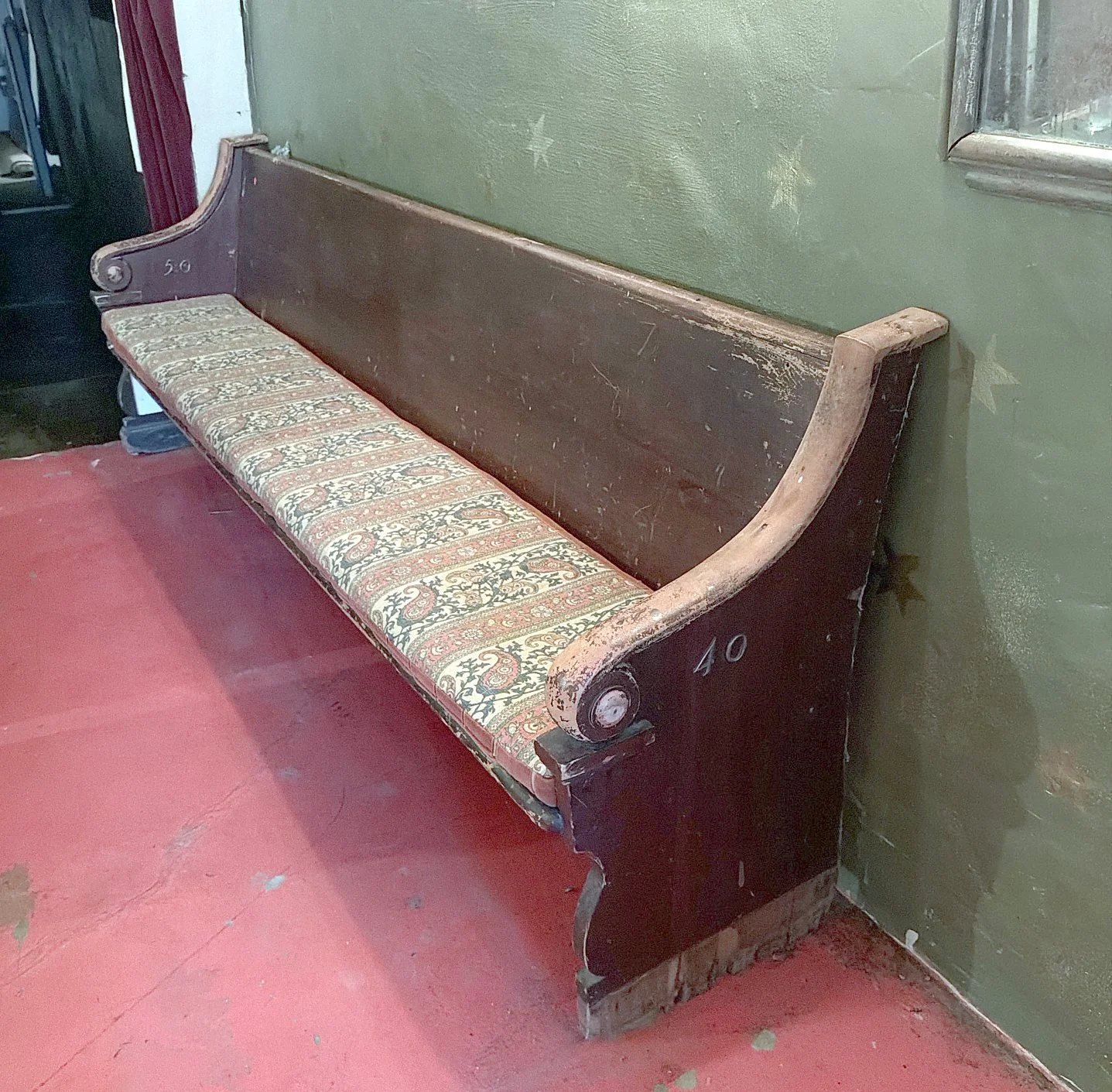 246 Antique church pew, scrolled arms.jpg