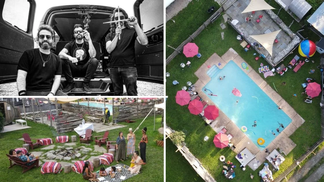 Members of Lespecial, the Race Brook Lodge pool from above, and friends around the fire pit at a Reggae Wednesday Pool Party