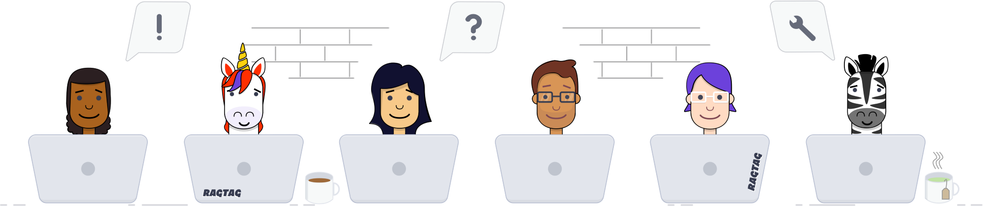 A stylized row of people working at computers.
