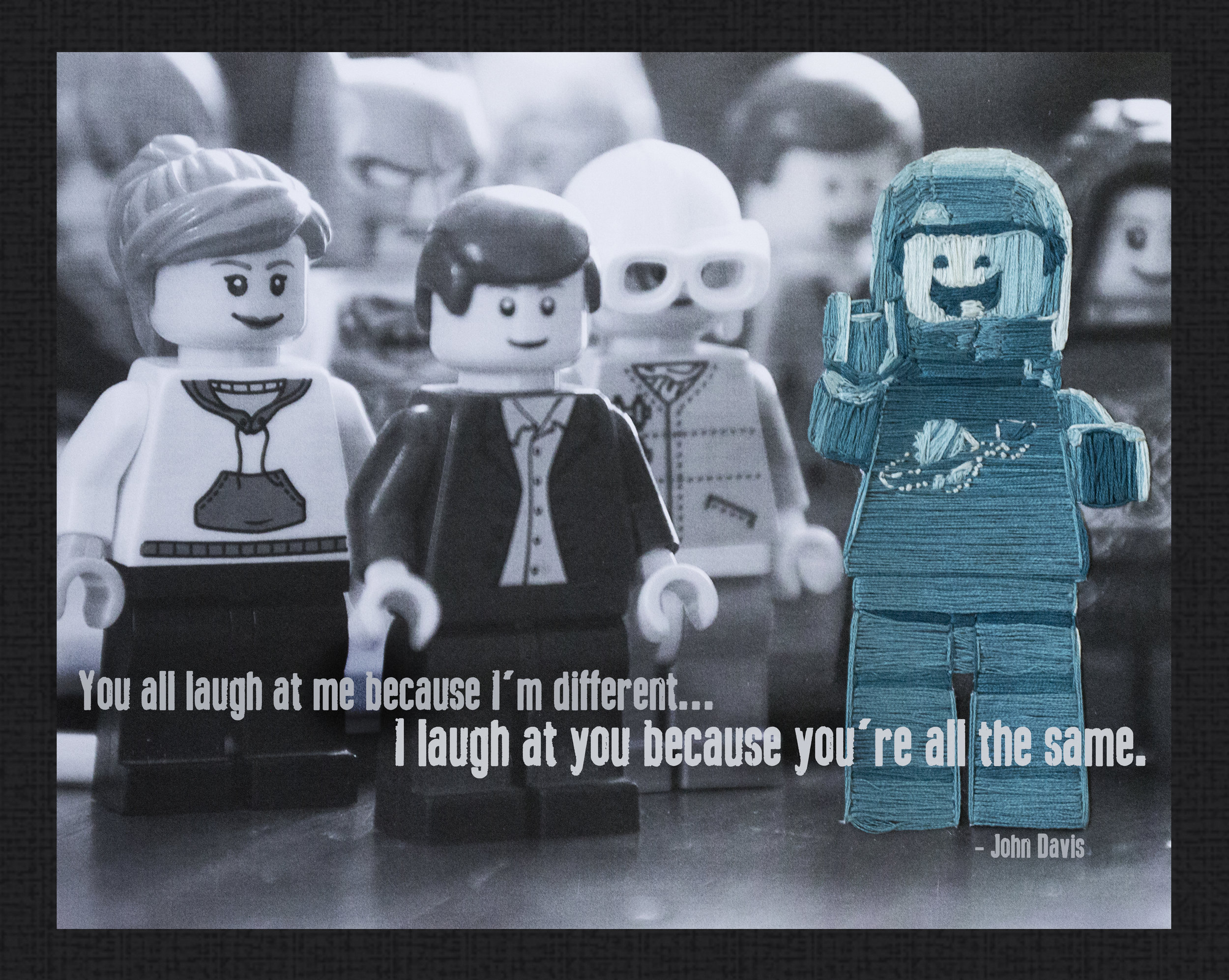 "Inspirational Legoman" Embroidery thread on black and white photo, digitally edited March 2016