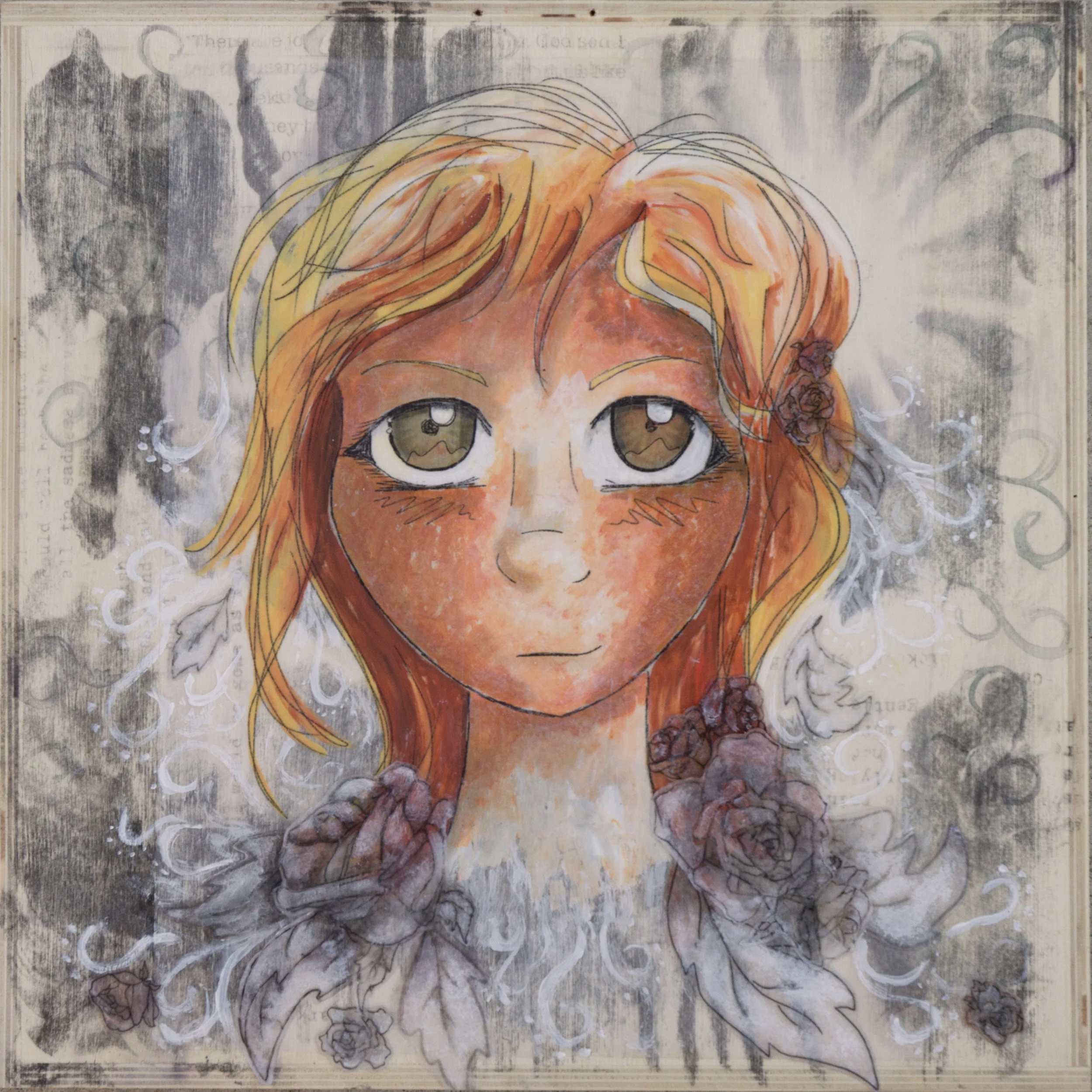 "Joy" Images transferred to wood using matte medium, tape, and acetone; acrylic paint 8x8" October 2016
