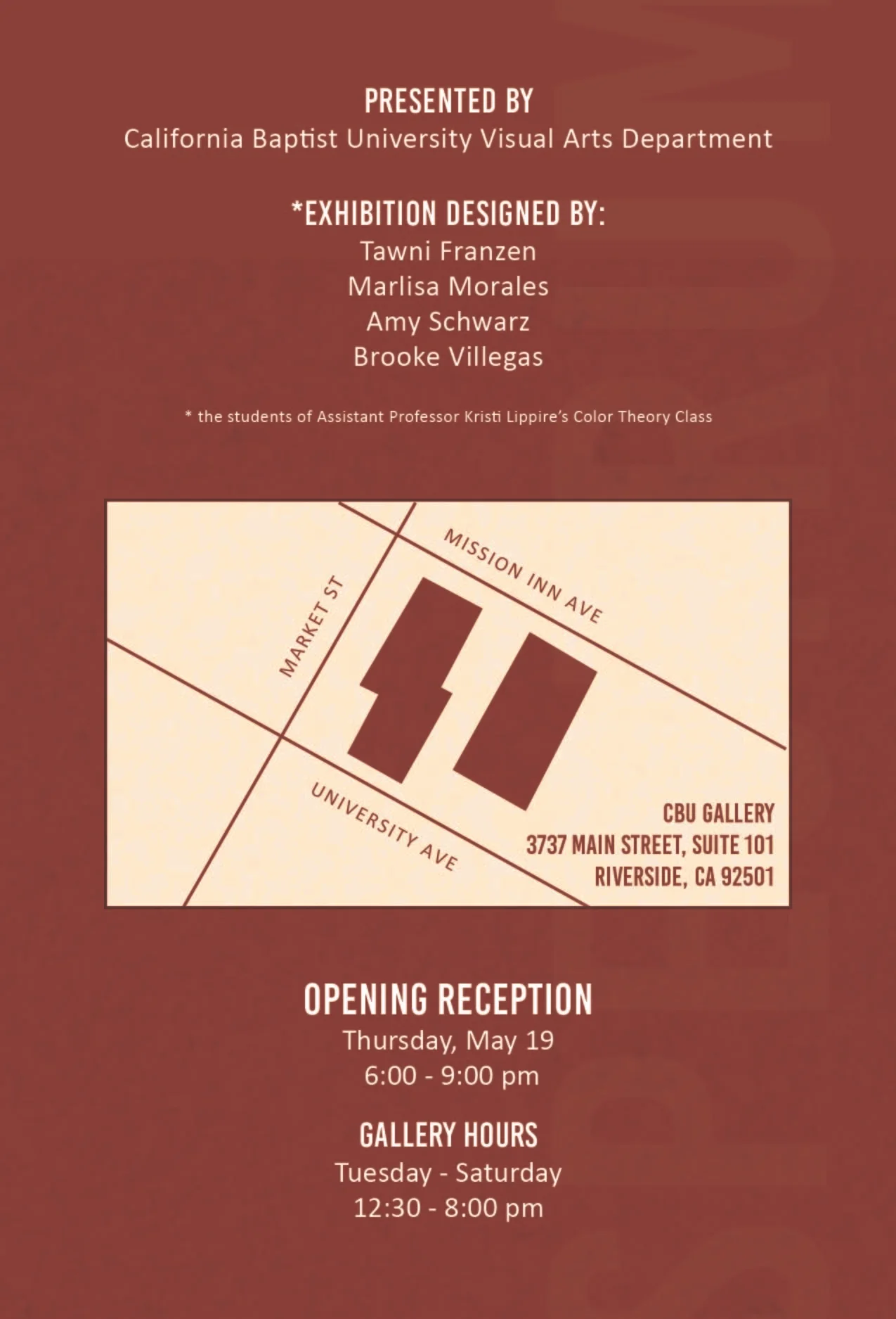 Postcard back for "The Spectrum of Color" art gallery May-June 2016