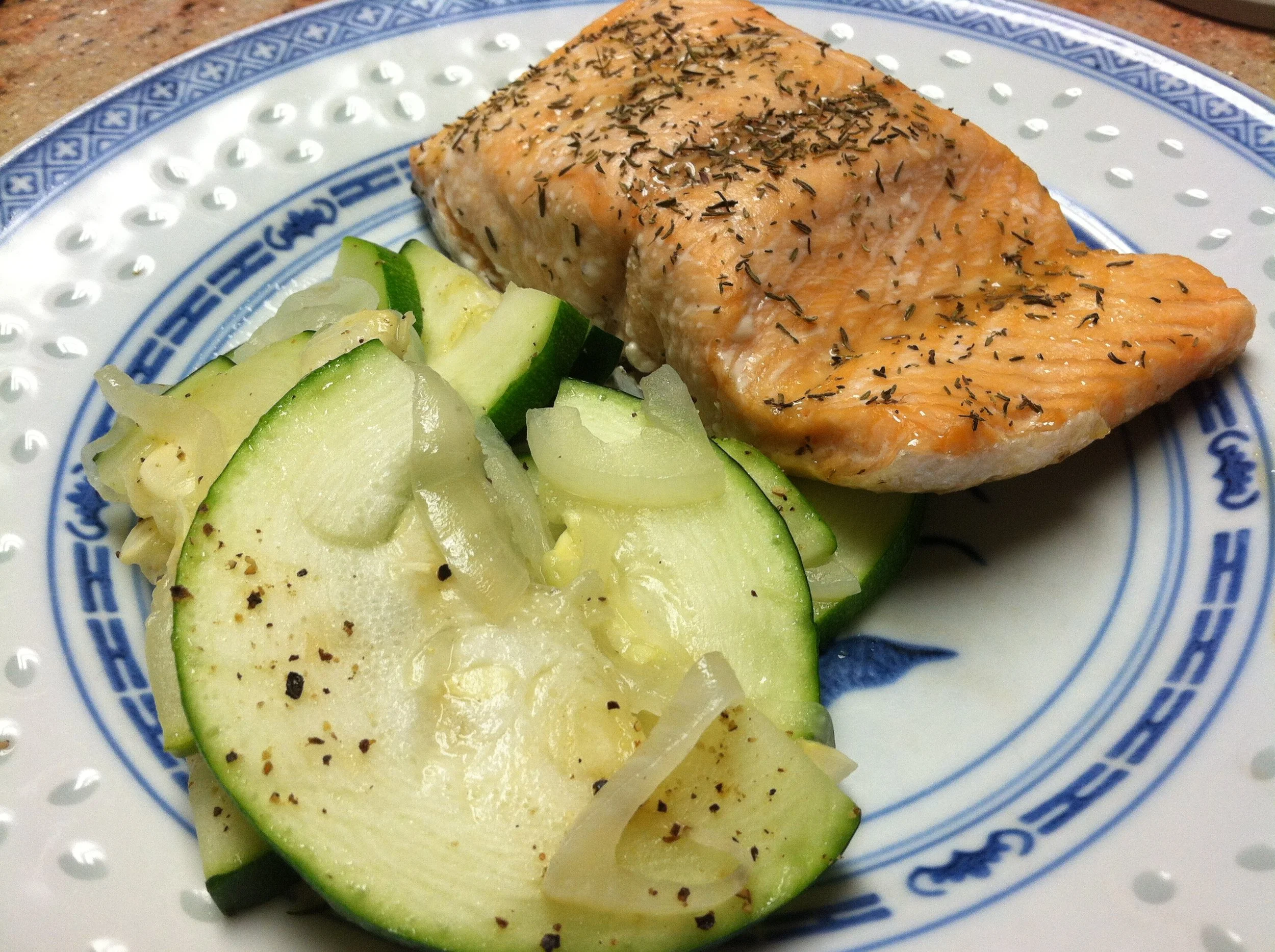 Pictured above with sauteed zucchini and onions