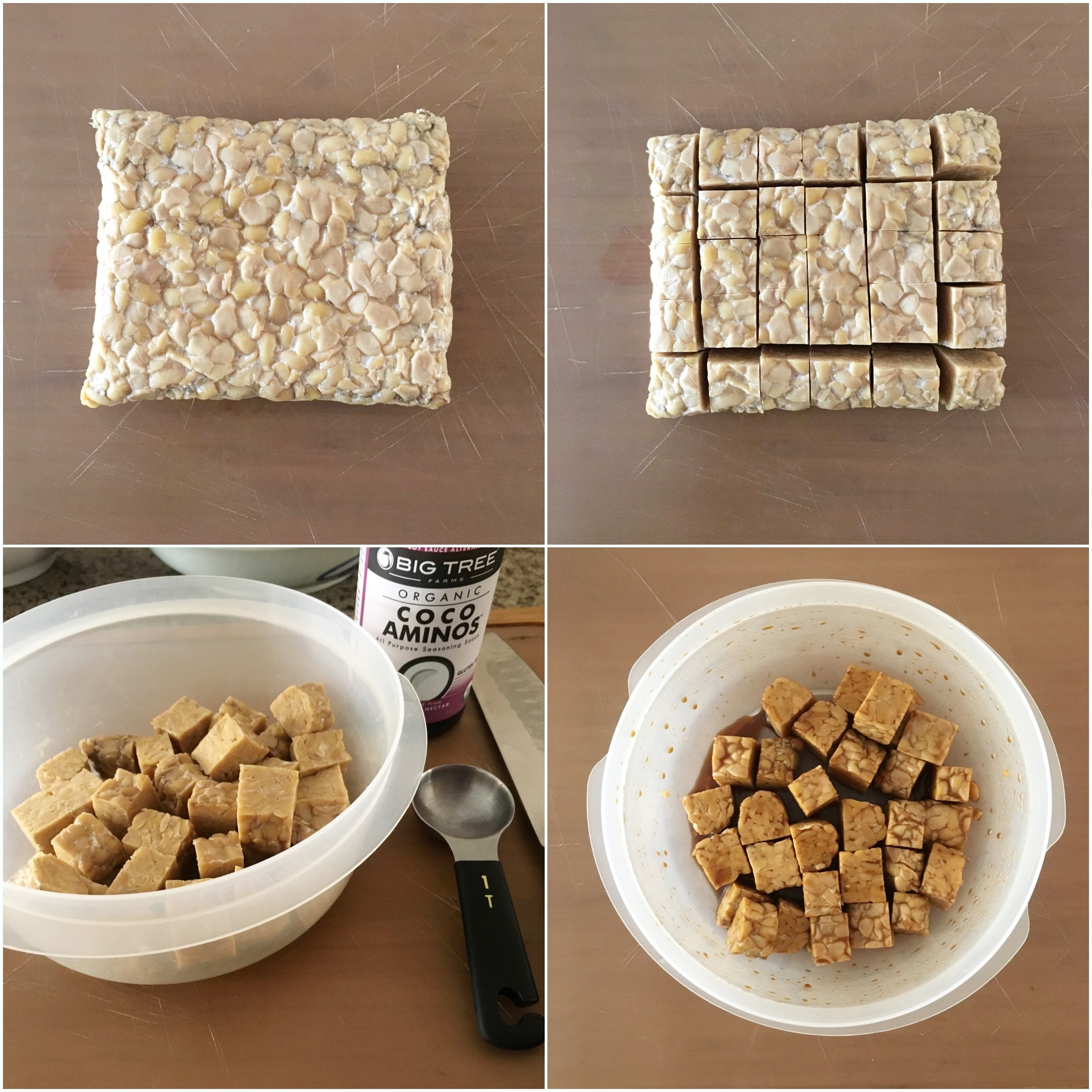 Remove tempeh from the package / cut into 30 cubes / place into a container with a lid / pour 2 tbsp sauce, put on lid, and shake!