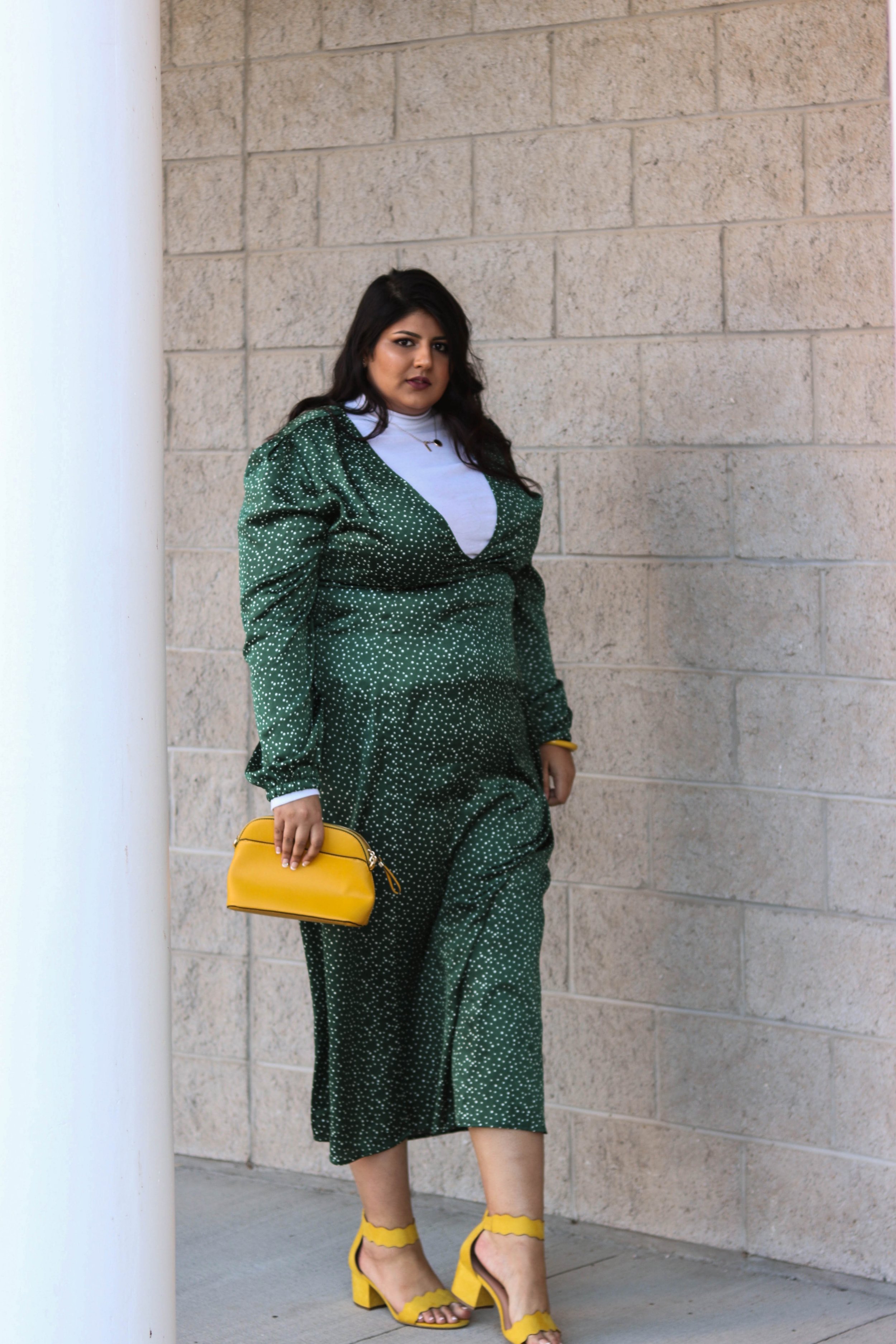 green dress yellow shoes