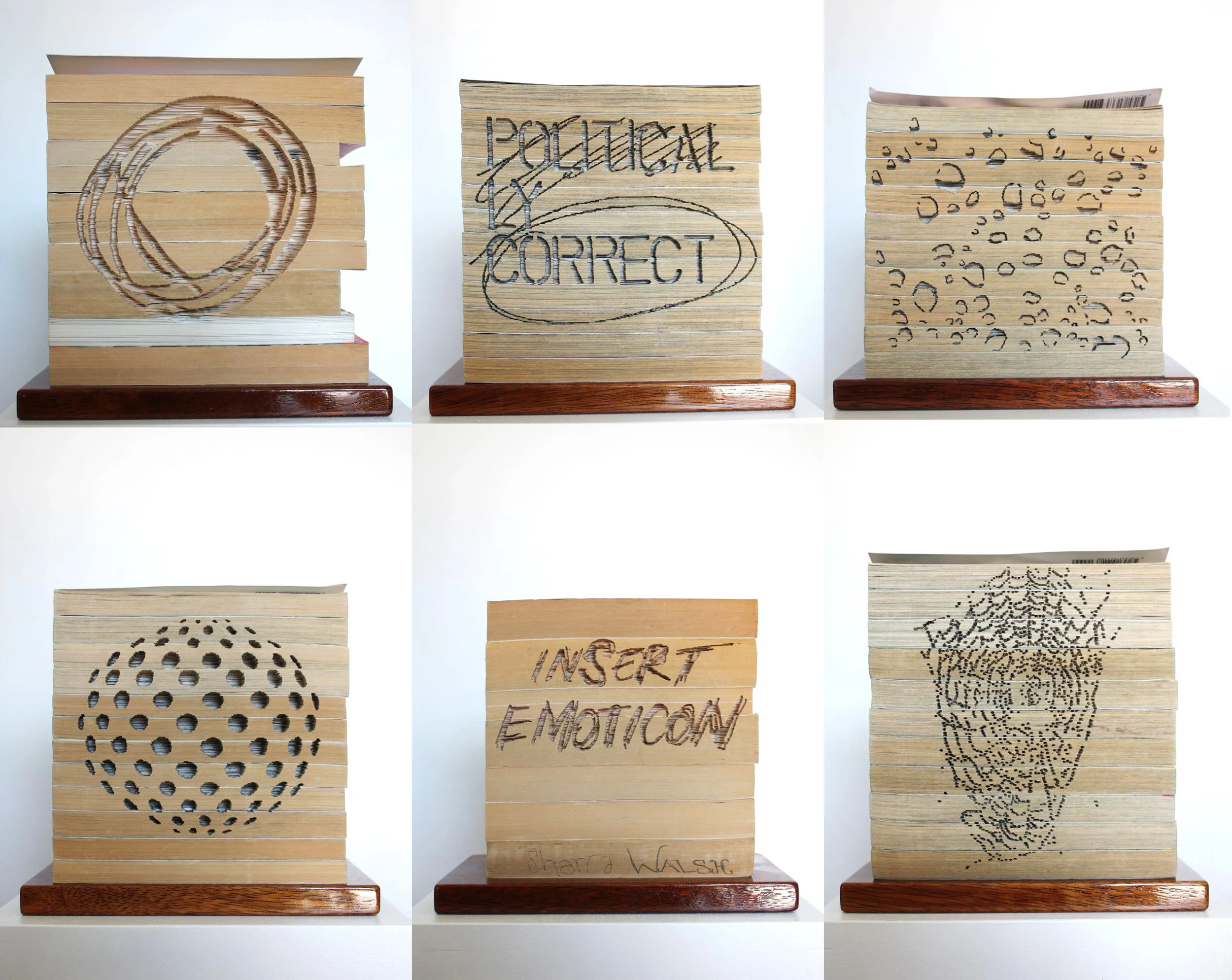 From top left to right: Coined the Phrase, Just C, Flat White Urbanism, Blobitecture, Insert Emoticon, Early Riser Hand-cut paper back books and timber base Courtesy of the artist and Utopia Art Sydney