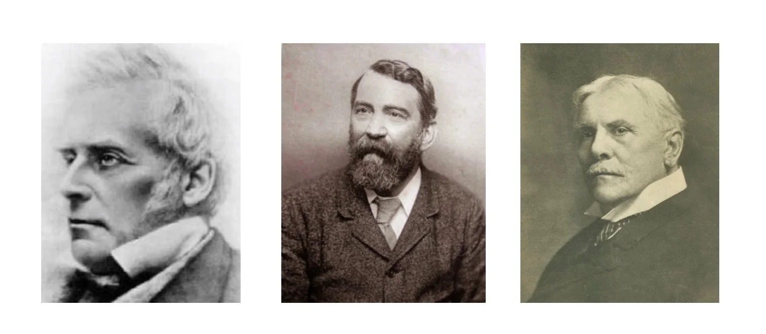 John Nelson Darby, Dwight L. Moody y C.I. Scofield, los primeros grandes predicadores de la teología dispensacionalista en Europa y Estados Unidos en los siglos XIX y XX.